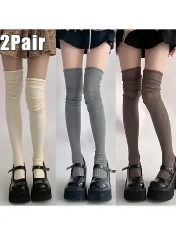 2pairs Women's Knee-length Socks Ladies Thigh-length SocksWarm Knitted Boot Socks Leg Warmers Japan JK Cotton Thigh High Bottoms