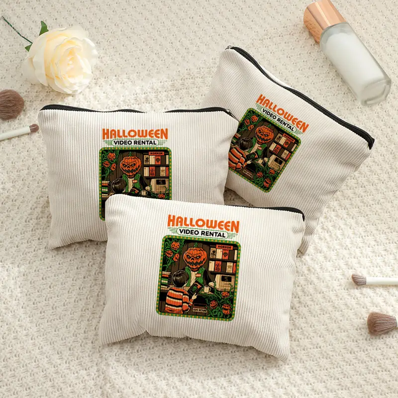 Corduroy Halloween Video Rental Cosmetic Bag Retro Pumpkin Print Zipper Makeup Pouch Travel Storage Purse for Women