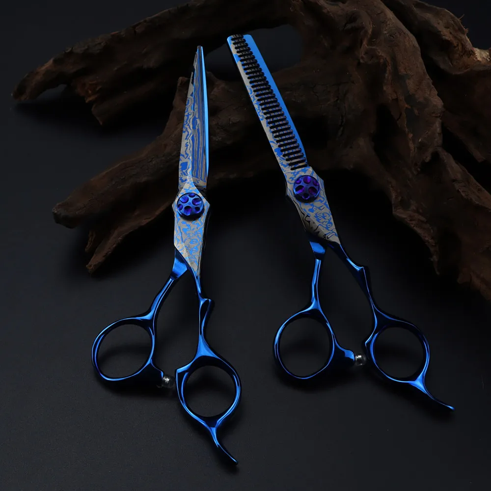 

Professional 6 '' Blue Damascus hair cutting scissors Gem screw haircut thinning barber tools steel shears Hairdressing scissors