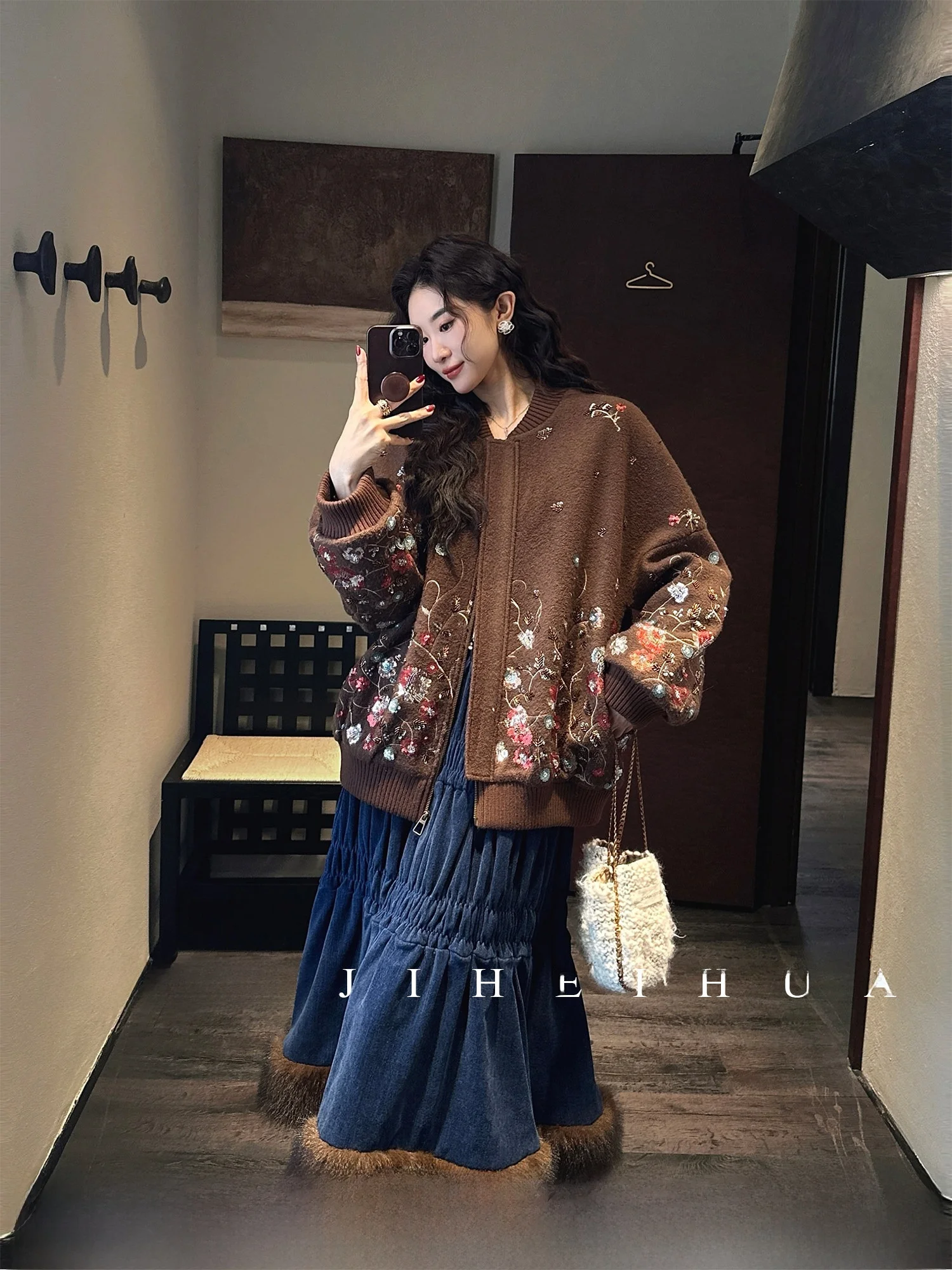 

Sanji Bla Flower New Chinese Sle Embroidered Woolen Cotton Baseball Jaet Women's Winter Faion Outerwear Coat