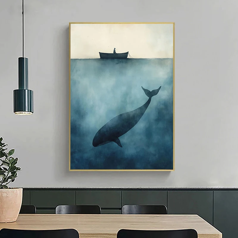 الحوت الأحدب الأخضر الداكن ملصق فني طباعة خمر السفينة العملاق الحوت قماش اللوحة المحيط جدار الفن لغرفة المعيشة ديكور المنزل