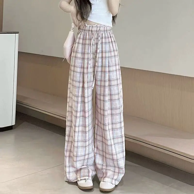 レディース チェック柄 パンツ 高品質 クロップド丈 ミディアム Gトレンド 2025 クラシック XXL 90年代風 ウェア エステティック ワイドレッグパンツ