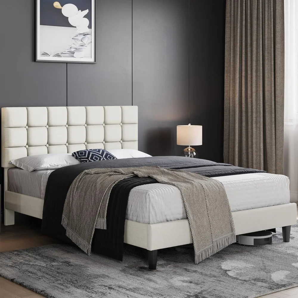 

Yaheetech Upholstered Bed Frame, Modern Queen Bed Platform with Square Stitched&Button Tufting Headboard Height Adjustable, Wood