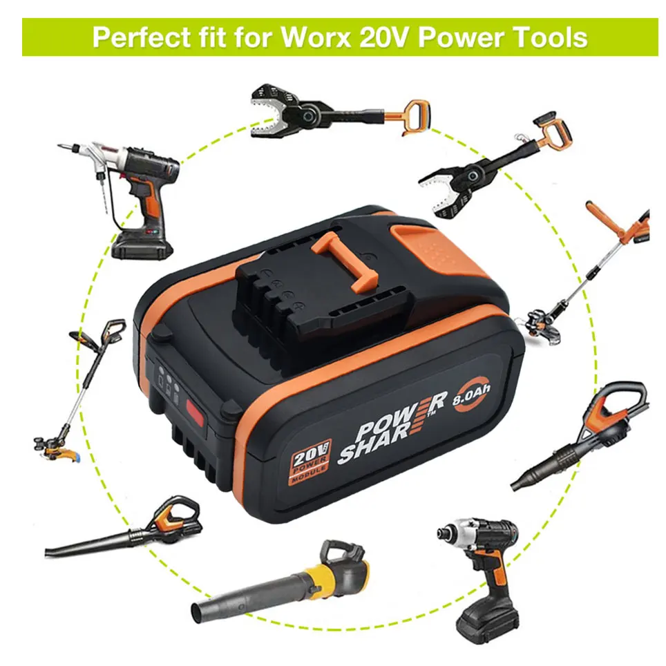 Original Worx 20V 8.0Ah Lithium battery Rechargeable WA3551 WA3553 WA3553.1 WA3570 for All WORX Electric and Garden Tools