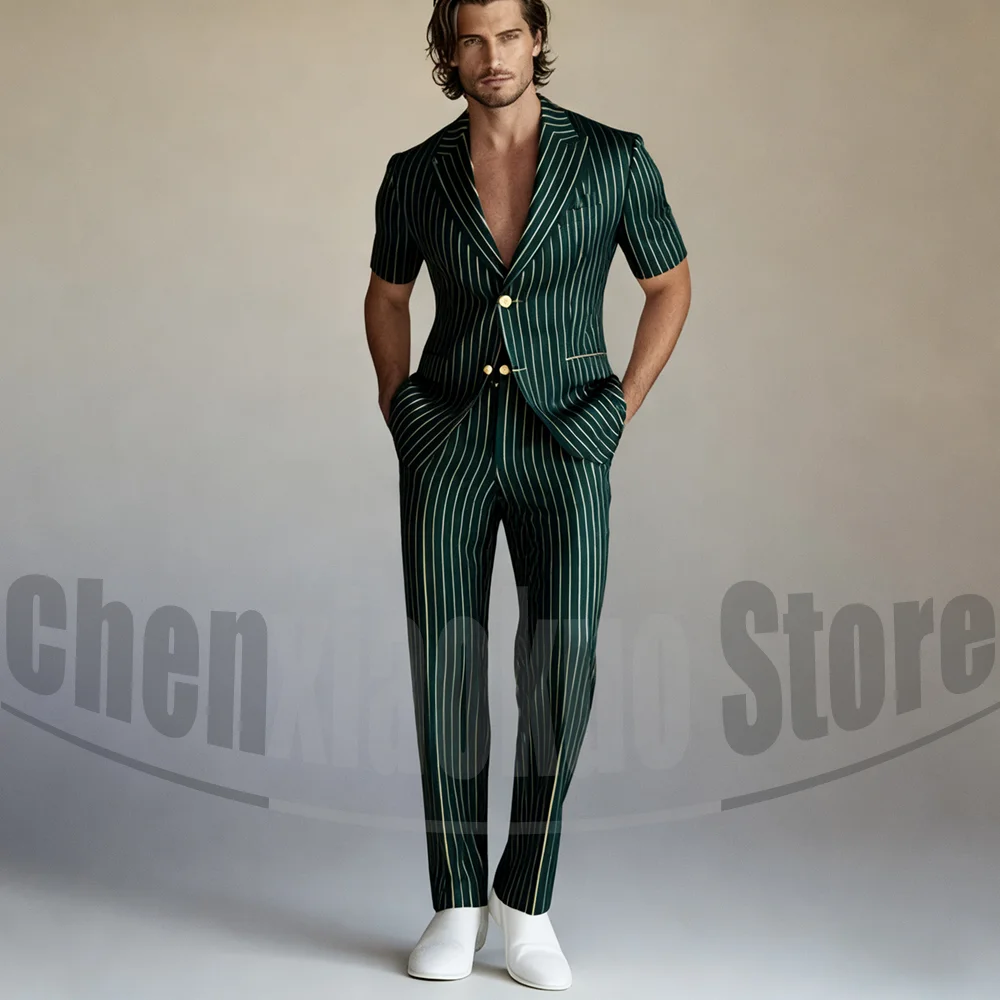 

Мужской полосатый костюм с короткими рукавами, однобортный приталенный деловой костюм, летняя свадебная вечеринка, деловые повседневные костюмы из 2 предметов