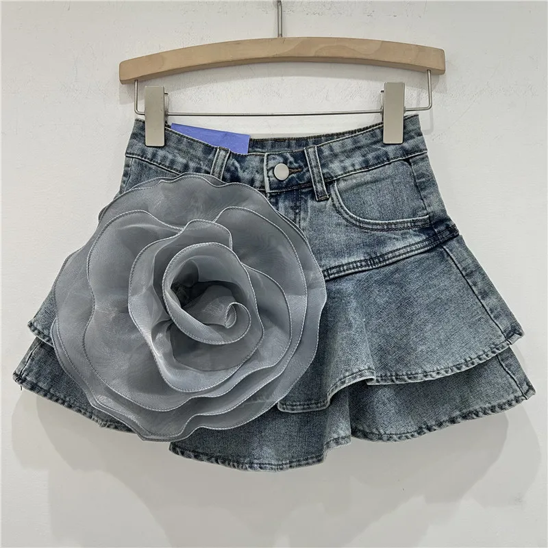 

Women Summer 3D Big Mesh Flowers Denim Patchwork Ruffles Pantsskirt Elastic A-Line Pleated Skirt Fluffy Jeans Cake Skirt Faldas