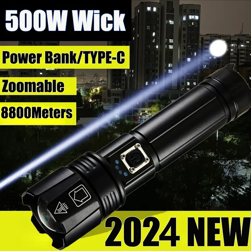 2024 8800m LED Flashlight Rechargeable Flashlight Powerful Tactical Flash Zoomable Hunting Lantern Waterproof Hand Light