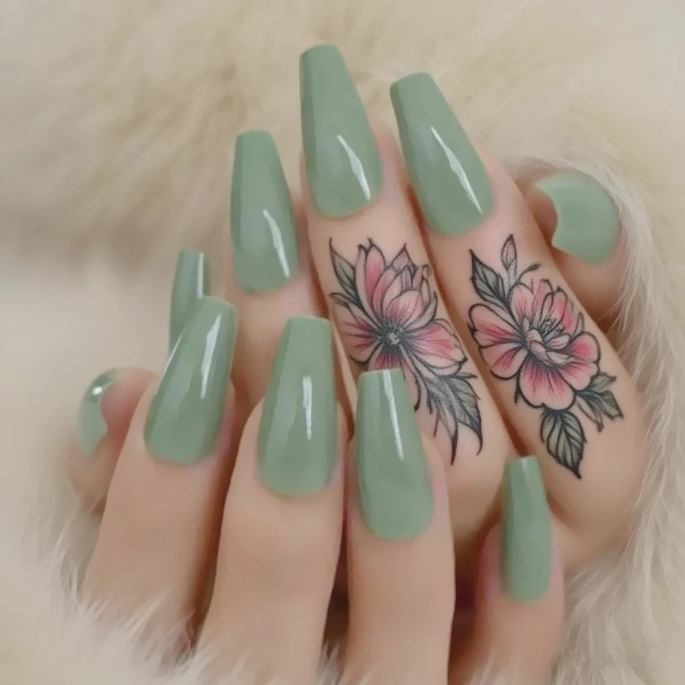 

48Pcs Glossy Long Ballerina False Nails Matcha Green Coffin Fake Nail For Design DIY Full Cover Tips Manicure Tools