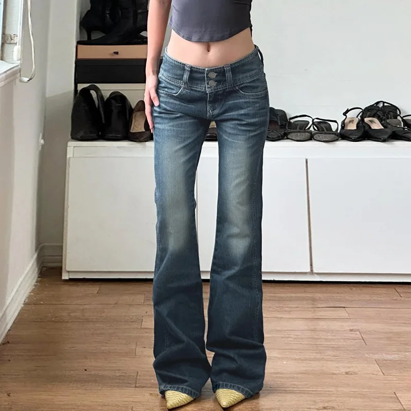 

Y2K Retro Jeans Wide Waist Buckle Slim Fit Low Waist Washed Water Slimming Casual Spicy Girl Simple Versatile Pants