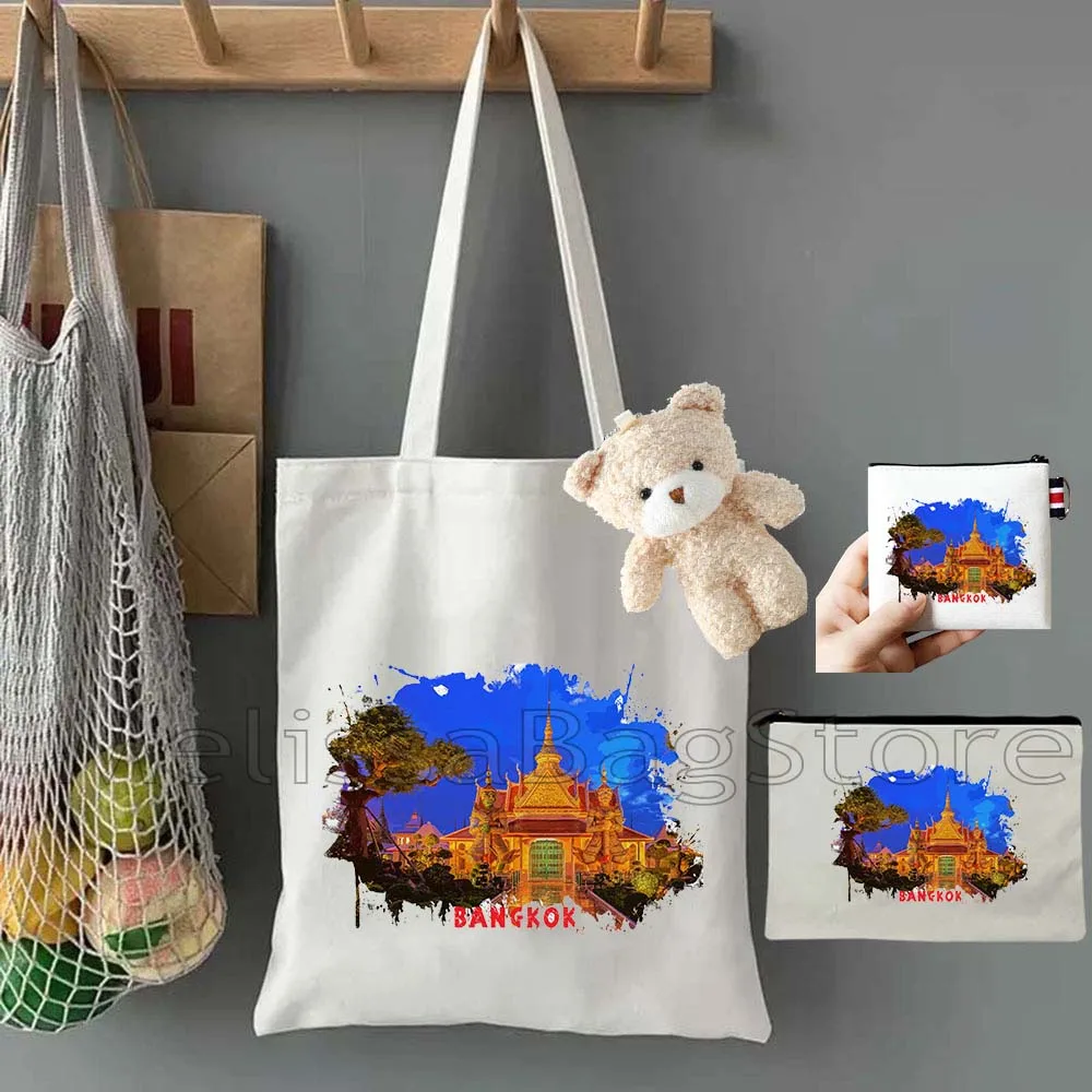 

4PCS Gifts Set Bangkok Thailand White Canvas Tote Bag Handbag with Doll Key Coin Purse Cosmetic Makeup Toilet Bag Case Pouch