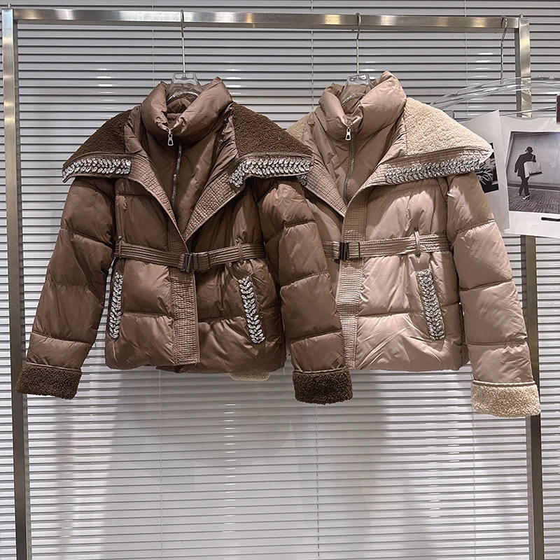 Winter Diamond Plush Navy Collar Cotton Down Jacket Women White Duck Down Warm Padded Outwears Female Cold Proof Down Jacket