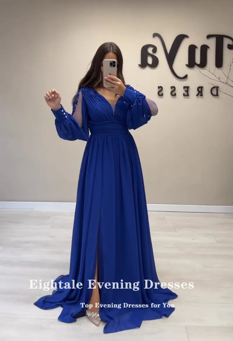 Eightale Royal Blue Evening Dress for Wedding Party V-Neck Lace Customized Long Sleeves Chiffon Plus Size Prom Gown