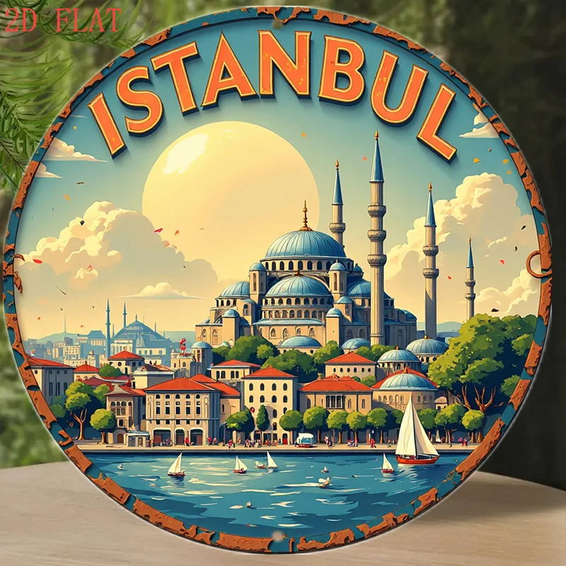 لوحة فنية جدارية مسطحة ثنائية الأبعاد، قطعة واحدة من اسطنبول سيتي سكيب - لافتة ألومنيوم مستديرة مقاس 8 بوصات مع تصميم قصر سعيا وصوفيا توبكابي، ألوان نابضة بالحياة #1