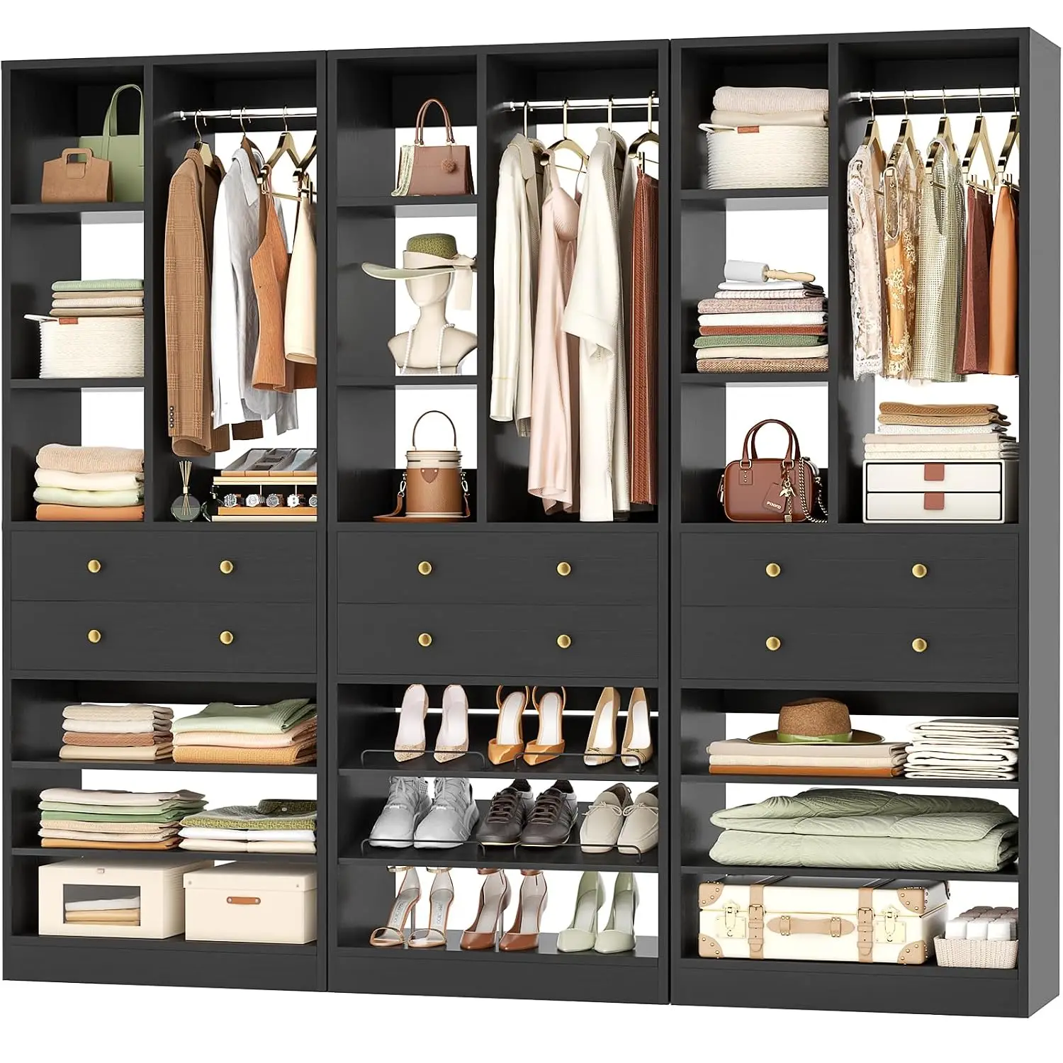 Black Closet Organizer with 6 Drawers & Shelves, Freestanding Wardrobe Tower, 1800+LBS Load, 84