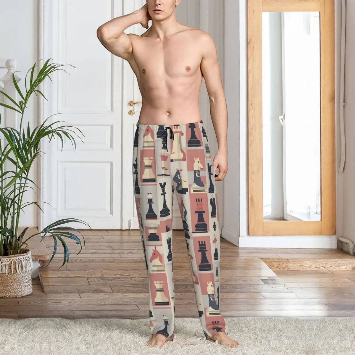 Pantalon de pyjama d'échiquier personnalisé pour hommes, vêtements de nuit de jeu d'échecs, bas de sommeil extensible avec poches