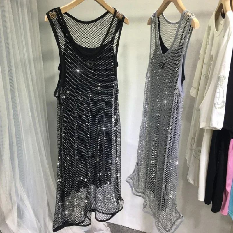 Sexy Hand-sewn Sparkling Hollow Diamonds Vest A-line Crystal Net Dress Two-piece Rhinestones Tank Dress Spring Crystal Vestidos