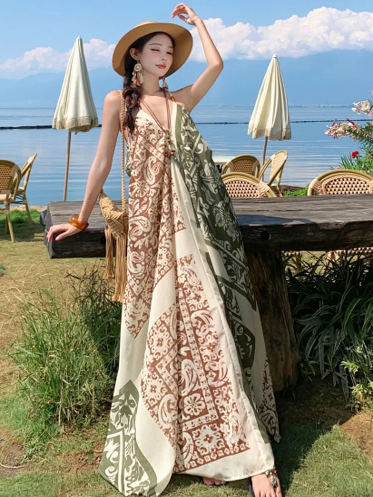 Abito lungo da vacanza Boho con stampa vintage per donna Sexy scollo a V Sling femminile 2025 Abito da spiaggia allentato casual nuova estate
