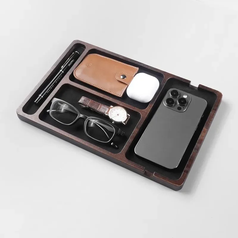Wooden Office Desk Organizer, Solid Wood Compartmentalized Storage Box for Glasses, Phone, Earphones, and Small Essentials