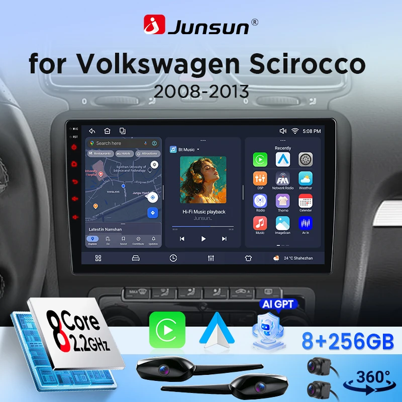 Autoradio Android Junsun 9" pour Volkswagen Scirocco 2008 2009 2010 2011 2012 2013 avec Canbus, CarPlay sans fil et Android Auto, écran tactile IPS HD, GPS, navigation, multimédia, 360 °   Caméra optionnelle, DSP, RDS, lecteur multimédia WiFi, écran partagé, Mirror Link, BT mains libres