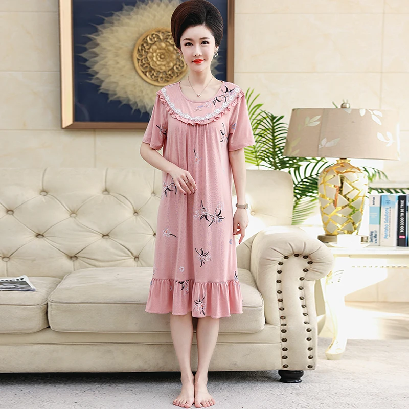 Elegant Floral Women Modal Cotton Long Nightgowns Sleepshirts Summer Home Dress Sleepwear Comfortable Nightdress Indoor Clothing