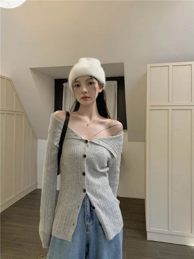 Y2k Aesthetic Slash Neck Long Sleeve Cardigan Women Korean Fashion Off Shoulder Knitted Sweater Casual Slim Sexy Kintwear Tops