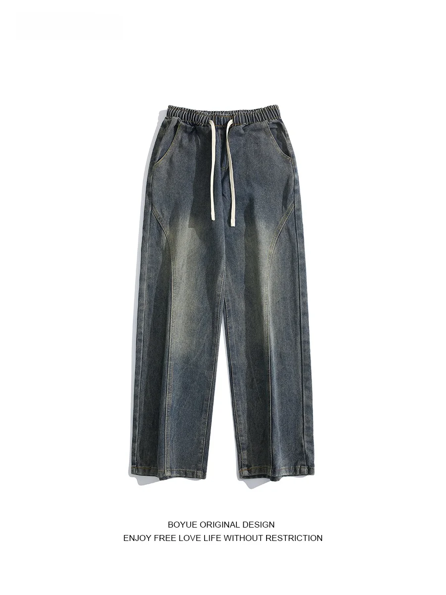 

Boyue Retro Waed Denim Jeans with Dstring Straight Leg Men's Casual Trousers for Teenagers Trendy Loose Fit All Seasons