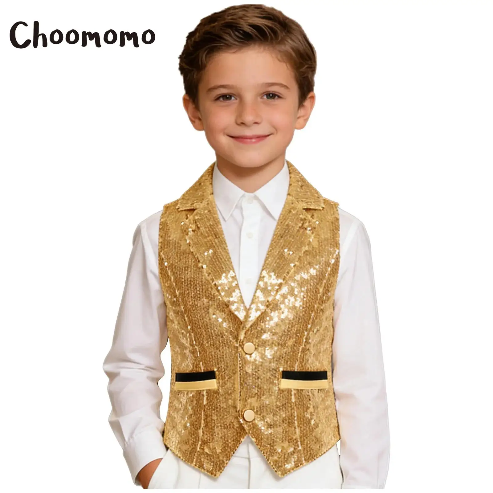 

Boys Hip-hop Jazz Dance Performance Costume Glitter Fully Sequin Lined Vest Tank Top Waistcoat Kids Wedding Formal Suit Vest Top