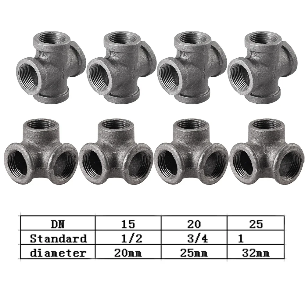 10 Pcs 3 Way 4 Way 5 Way Antique Loft Style Black Self Malleable Iron Pipe Fittings Connectors Cast Iron threaded 1/2