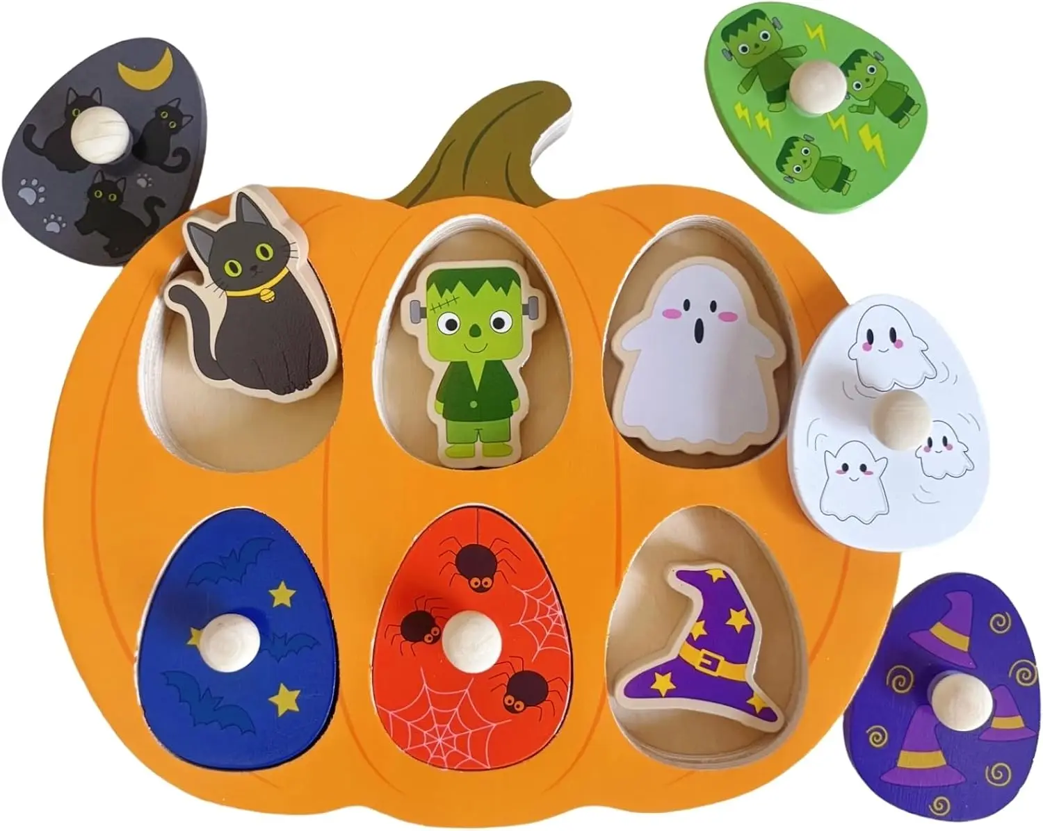 

Halloween Pumpkin Wooden Peg Puzzle for Toddlers,6 Colors Shape Matching Pieces,Montessori Educational Toy for Fine Motor Skills