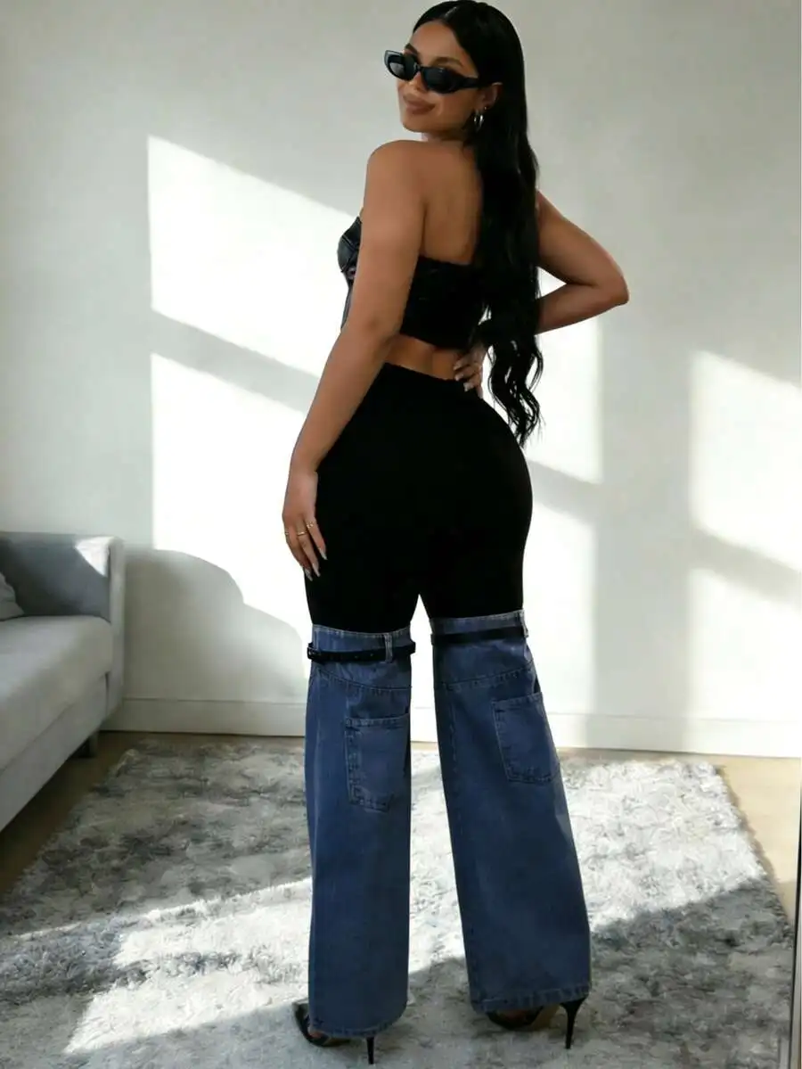 

High Waist Patchwork Wide Leg Pants Women Black Top With Washed Denim Flare Bottom And Belt Straps