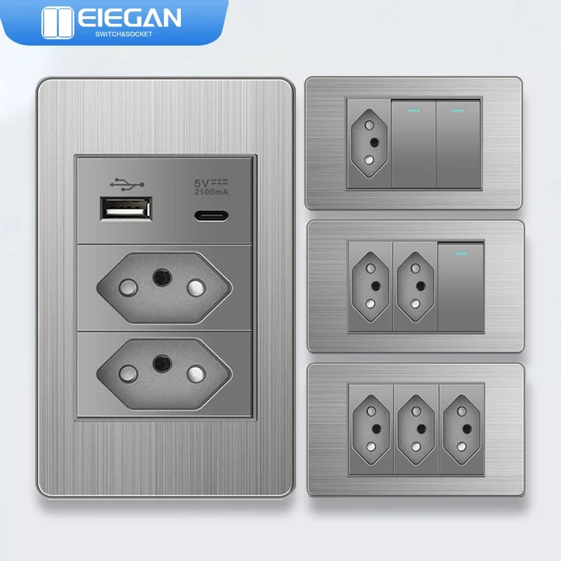 

ELEGAN Grey Brazil Stainless Steel Panel Standard Outlet Double USB Type C Wall Power Socket Light Switch Office 118*74 10A 20A