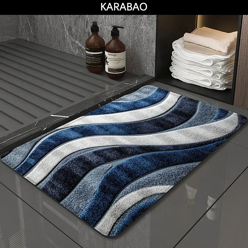 KARABAO Modern Wave Bathroom Rug Non Slip Absorbent Bath Mat Soft Flannel Floor Mat for Shower Toilet Home Decor Carpet