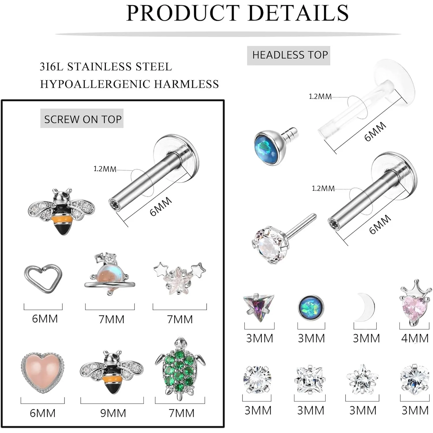 Drperfect 14PCS Surgical Steel Stud Earrings Set for Women Flat Back Tragus Medusa Nose Labret Conch Helix Piercing Jewelry Gift