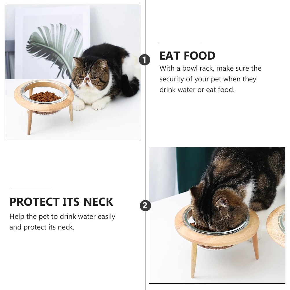 

Glass Pet for Cats Wooden Base Elevated Feeding Bowl Rack Stand Eco Friendly Water Drinker Indoor Kitten Bowls High Base