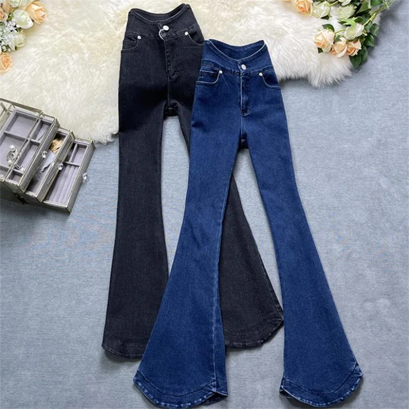 

Stretch retro denim flared pants women's spring 2022 new thin wide-leg trousers high-waisted trousers