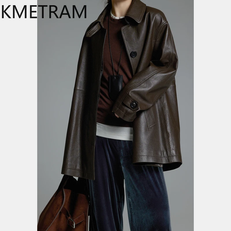 KMETRAM 100% Giacca in pelle di pecora naturale di media lunghezza Trench casual 2025 Autunno Giacca in vera pelle Donna ropa mujer