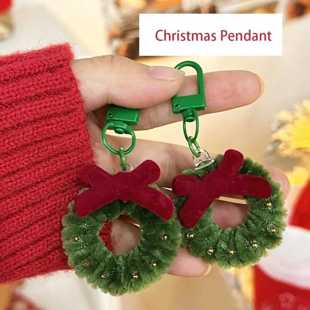 Cute Cartoon Christmas Pendant Red Bow Mini Wreath Keychain New Year Gift Soft Christmas Brooch Hanging Accessory