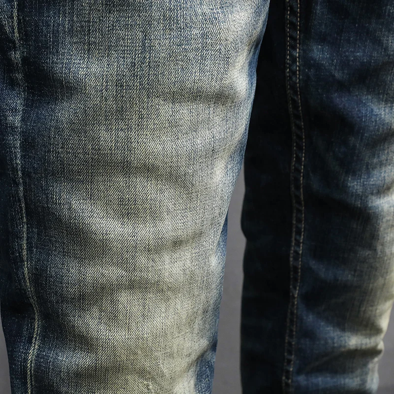 Newly Vintage Fashion Men Jeans Retro Blue Elastic Slim Fit Ripped Jeans Men High Quality Trousers Casual Designer Pants Hombre