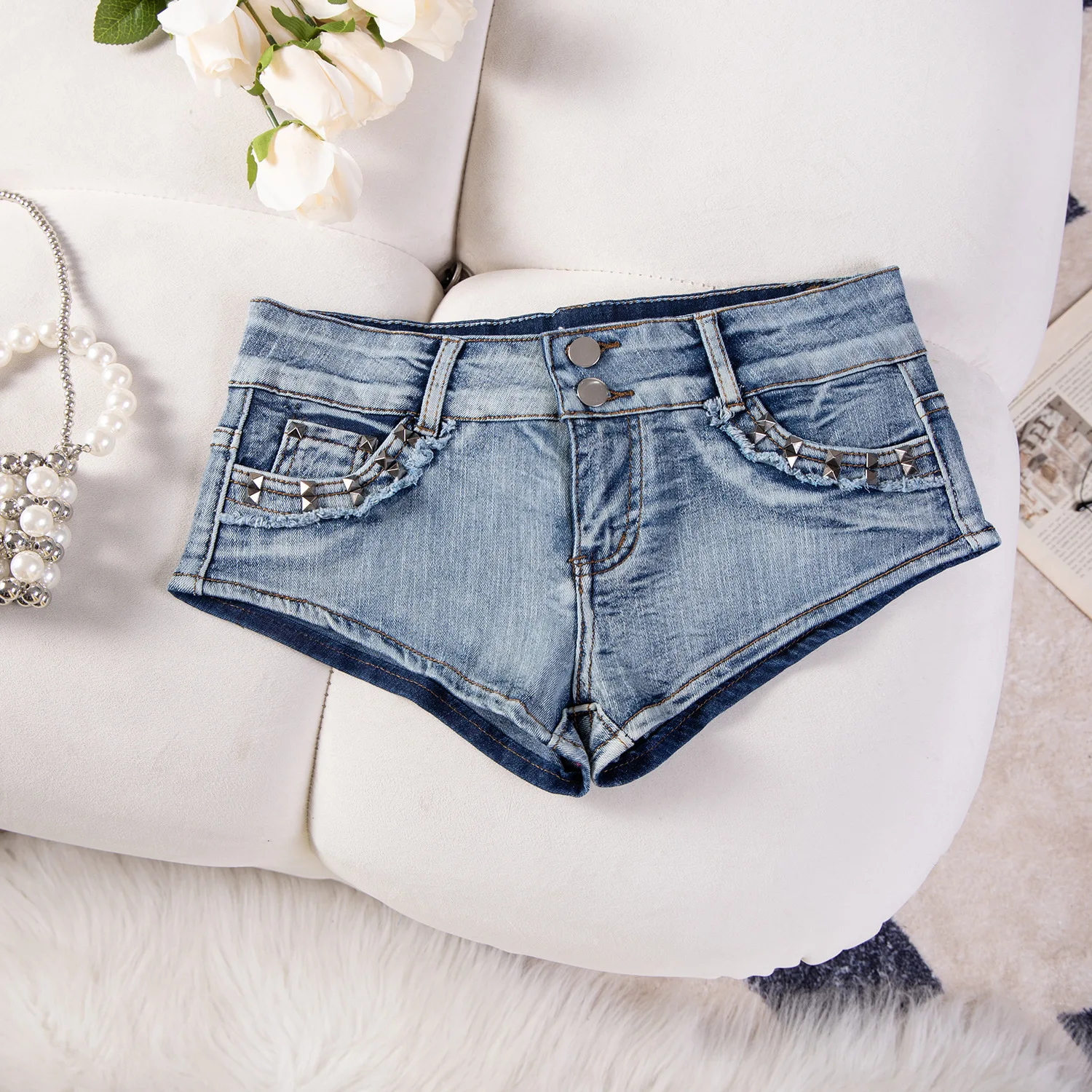 New Sexy Rivet Low Waist Ripped Super Short Booty Y2K Denim Shorts Jeans Women
