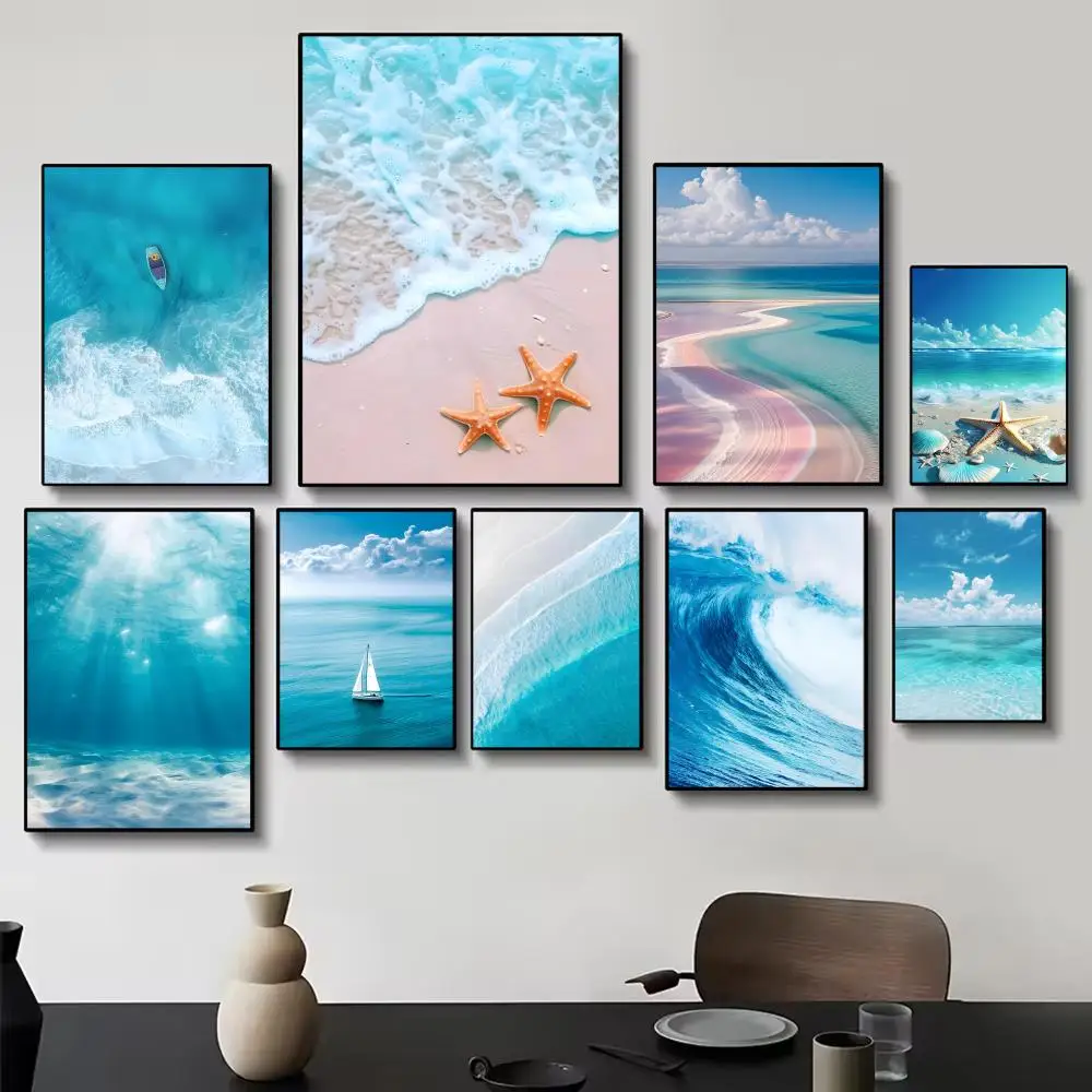 Stylish Tranquil Refreshing B-Beach Ocean Wave Poster Painting Wall Art for Living Room Home Gifts Decor Mural