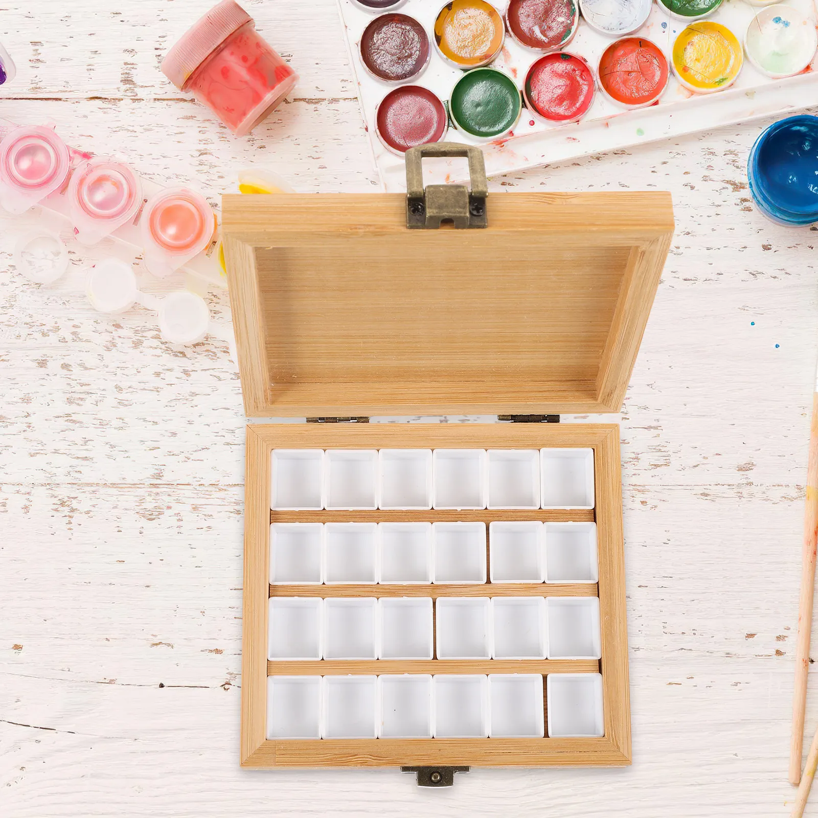 

Watercolor Pigment Box Solid Wooden 24 Compartments Portable Travel Palette Compact Mini Paint Storage Case Artist Paint Mixing