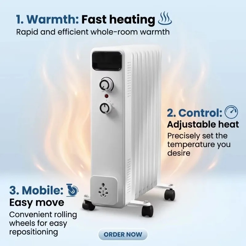 Airo Free Standing Oil Filled Radiator 2000W 9 Fins Overheat Protection Home Heater 2