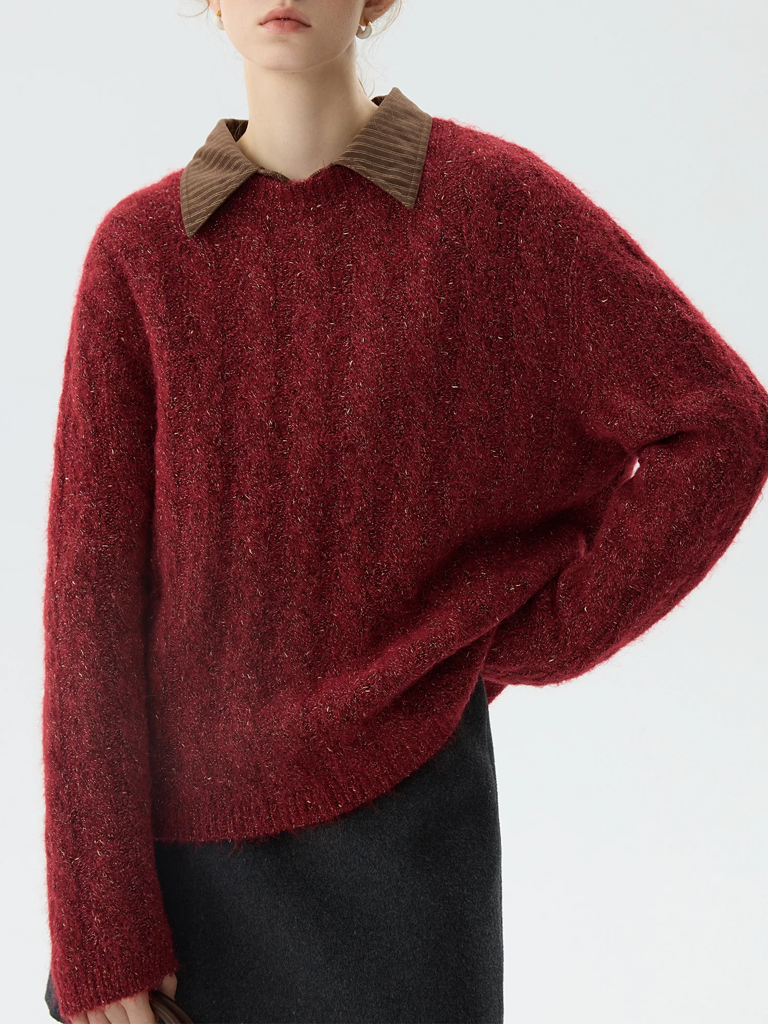 FSLE Office Lady Round Neck Pullover New Year's Red Knitted Sweater Top for Winter 2024 New Casual Loose Women Tops 24FS14572