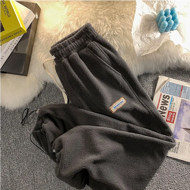 FL Lamb Velvet Women's Loose Fit High Waist Wide Leg Pants Autumn Winter Thiened Warm Casual Sports Trousers Women Korean Sle