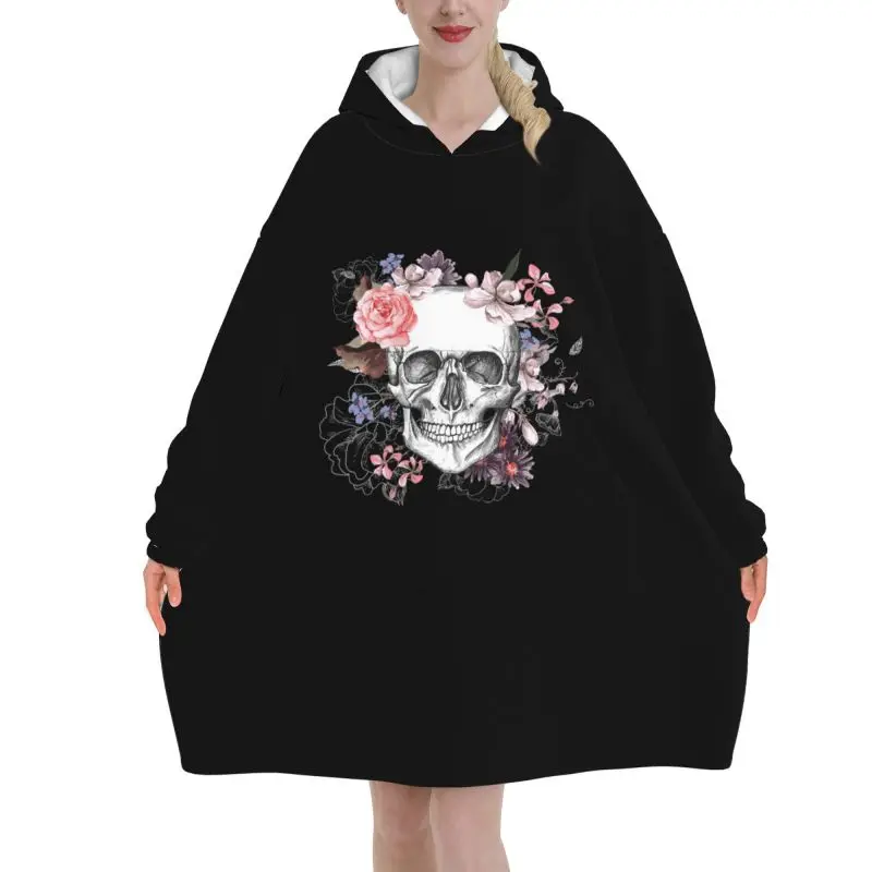 Sugar Skull Skeleton Rose Flowers Blanket Hoodie Women Wearable Oversized Pullover Fleece Sherpa Hooded Blankets with Pockets
