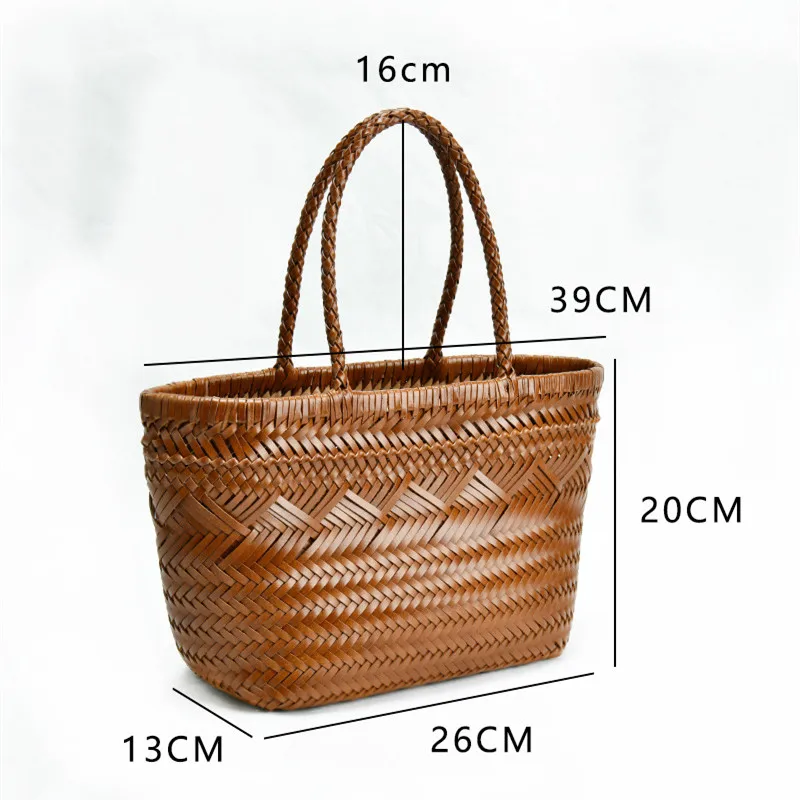 Vintage Hobos bag Manual Woven Genuine Leather Hand Bags Weave Tote Top Quality Women Basket Shopping Bags Hollow Beach