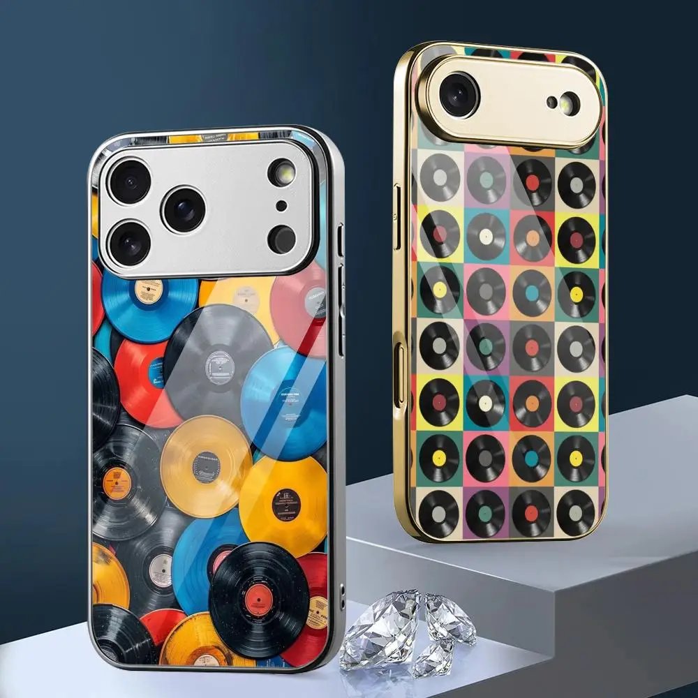 

Cool Record Phone Case For iPhone 17 16 15 14 13 12Pro Max Plus Electroplated Metal Case Glass Back Protective Cover