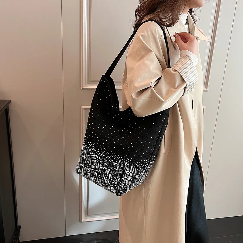 Vintage Suede Leather Shoulder Bag Luxury Diamond Studded Handbag Women Fashion Underarm Bag Large Capacity Female Bucket Tote