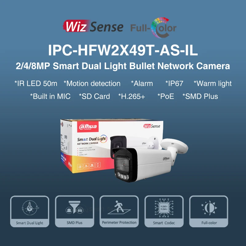 Dahua 2MP 4MP 8MP Smart Dual Light WizSense Camera Full Color CCTV Night Vision 60m Support Mic SD Card Alarm IPC-HFW2849T-AS-IL