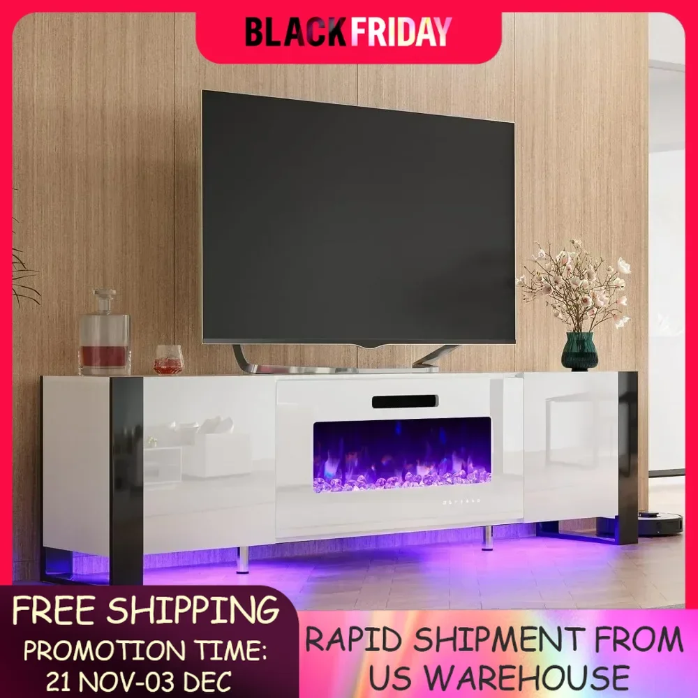 

Fireplace TV Stand,with 40" Fireplace, 80" Modern High Gloss LED Lightsfor TVs Up to 90",U-Shaped Legs ,Rectangular TV Cabinet